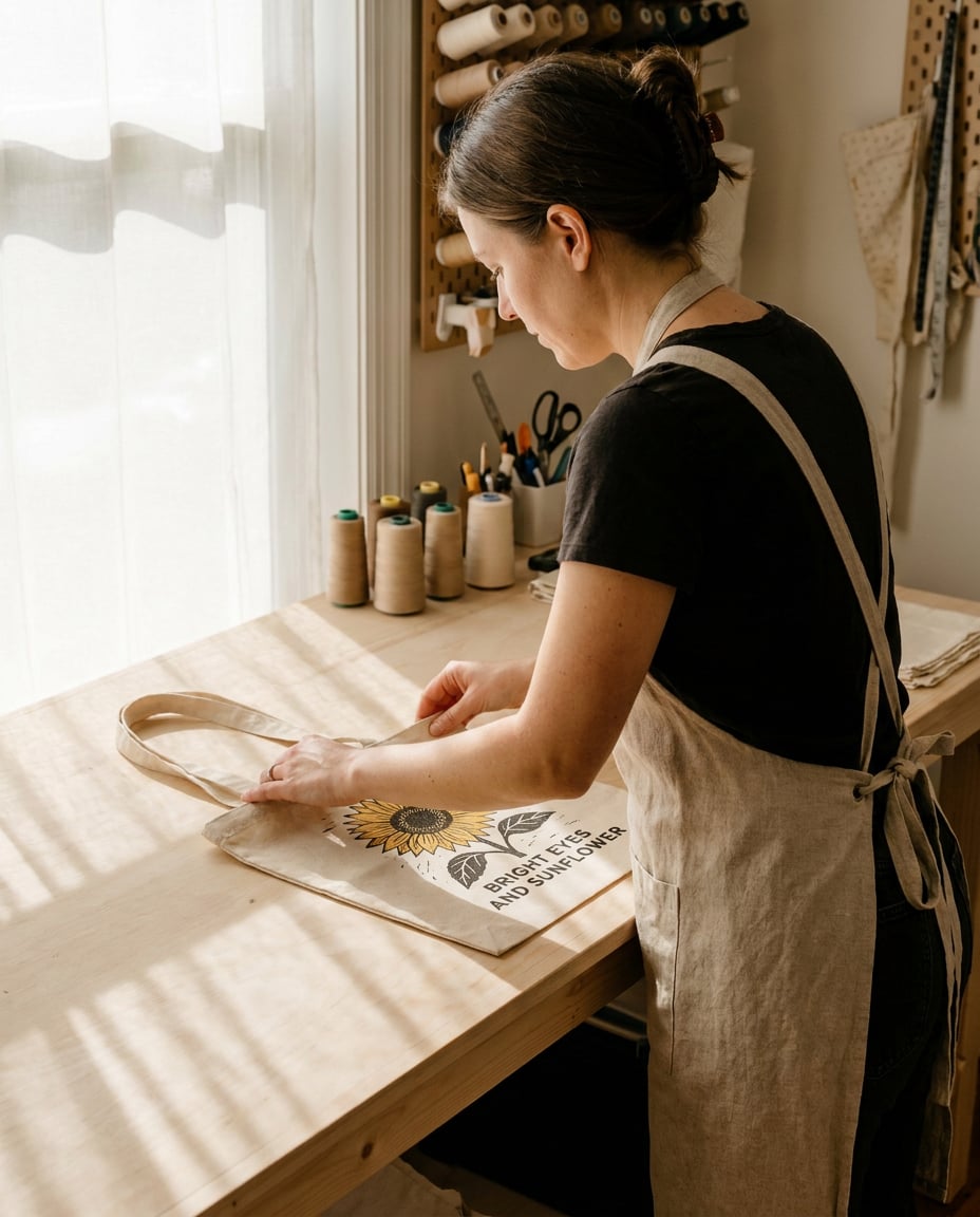 The maker at a sunlit workbench, folding a canvas tote beside spools of thread.