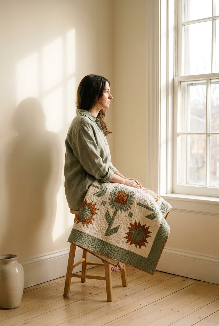A sunflower patchwork quilt in sage and rust draped across the maker’s lap beside a sunlit window.