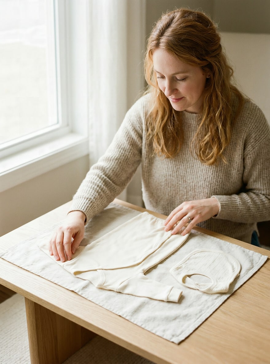 A hand-sewn cream cotton baby gown held to soft window light, the covered seams and envelope neck visible.