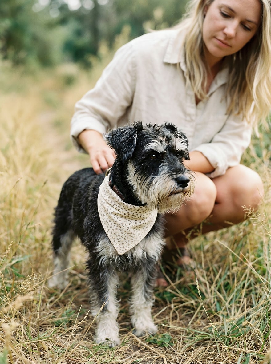 A black and white miniature schnauzer wearing a washed-cotton tie bandana in warm daylight.
