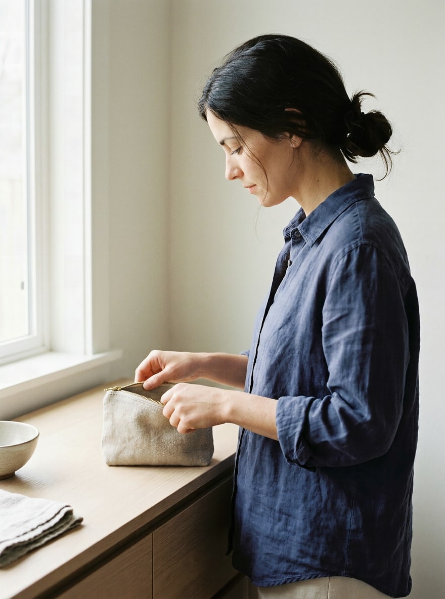 A lined linen zip pouch held open in both hands in soft daylight, brass zip and topstitched edge visible.