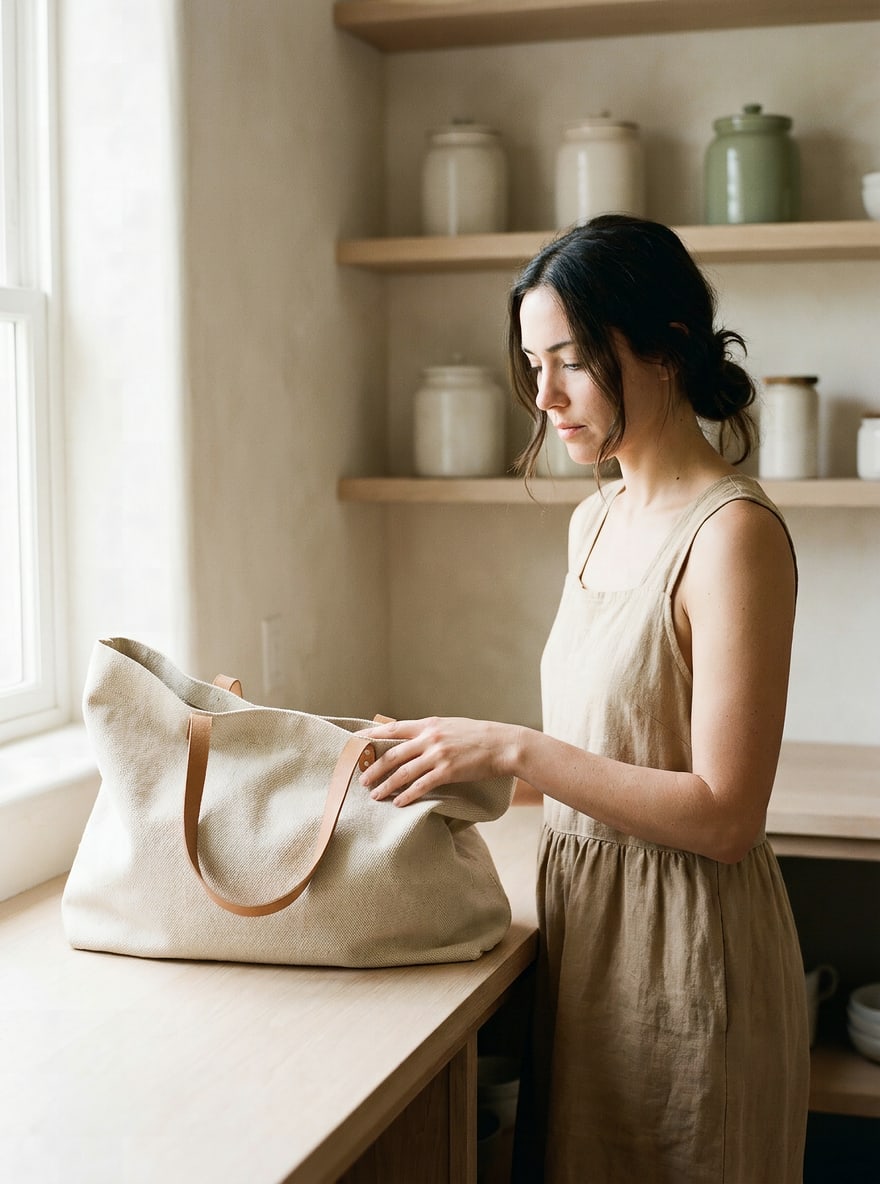 A structured natural-linen tote carried on the shoulder in warm daylight, leather handles and flat-felled seams visible.