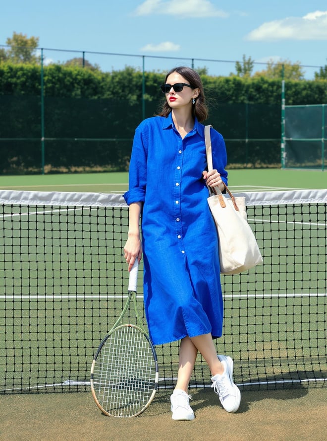 Editorial: a model in cobalt blue at a sunlit tennis net, a plain canvas tote at her side.