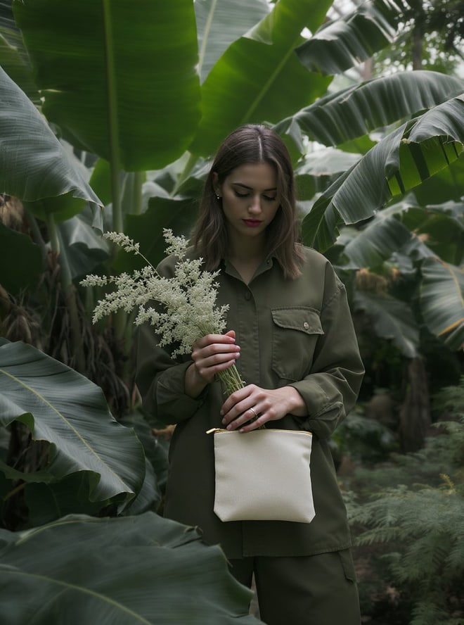 Editorial: a model in olive among glasshouse foliage, holding cut stems and a linen pouch.