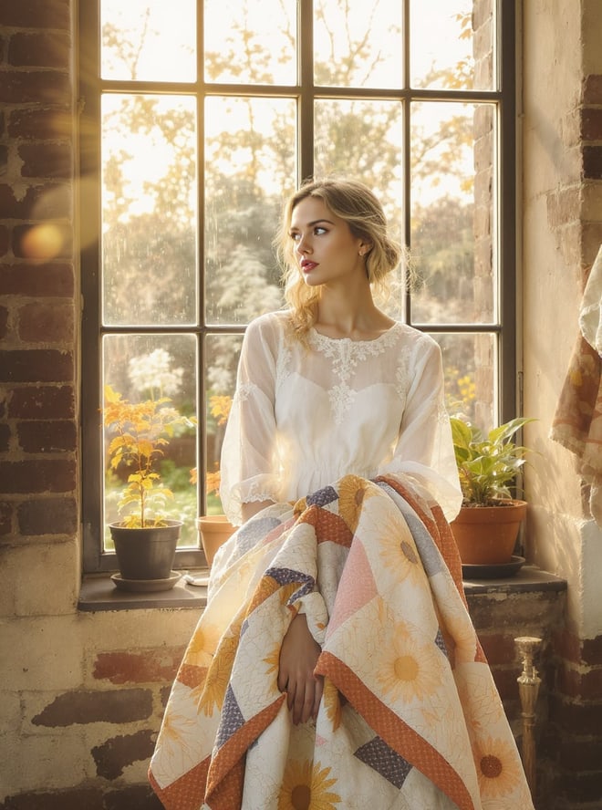 Editorial: a model in white at a sunlit greenhouse window, a folded patchwork quilt over her arm.
