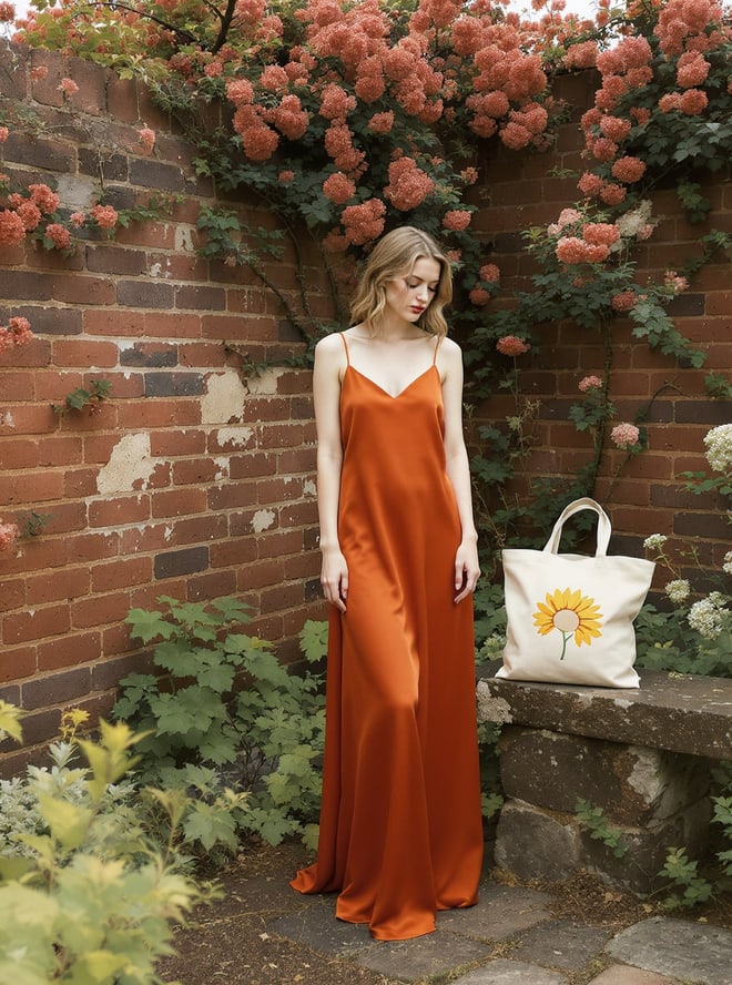 Editorial: a model in ochre in a walled rose garden, a canvas tote on a stone bench.