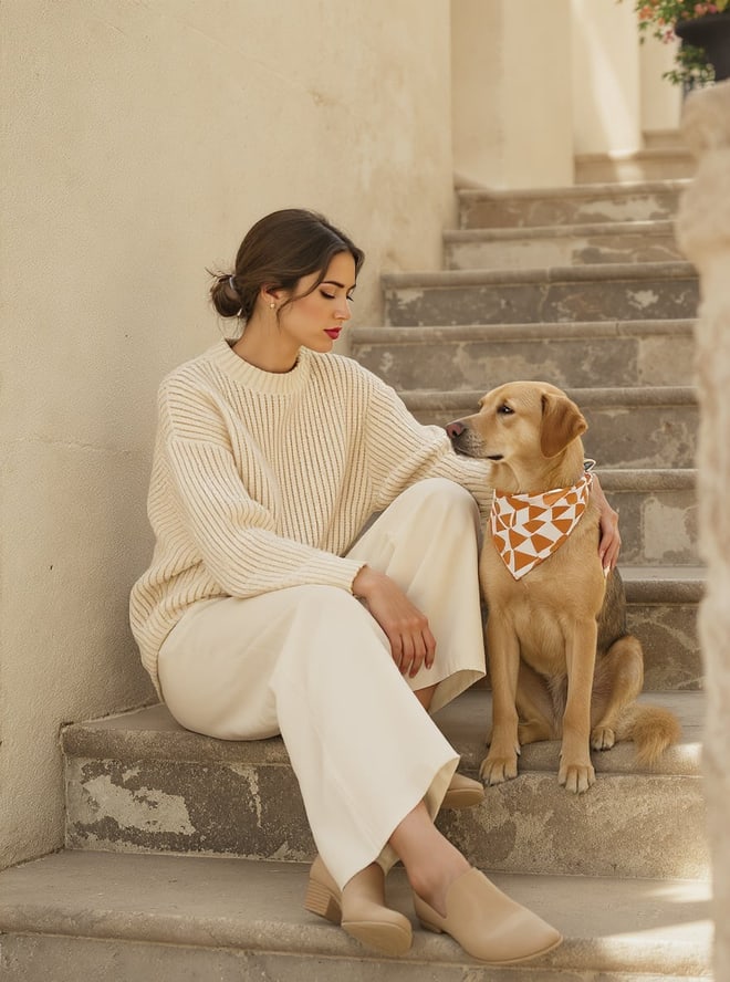 Editorial: a model in ecru on courtyard steps beside a dog in a handmade bandana.