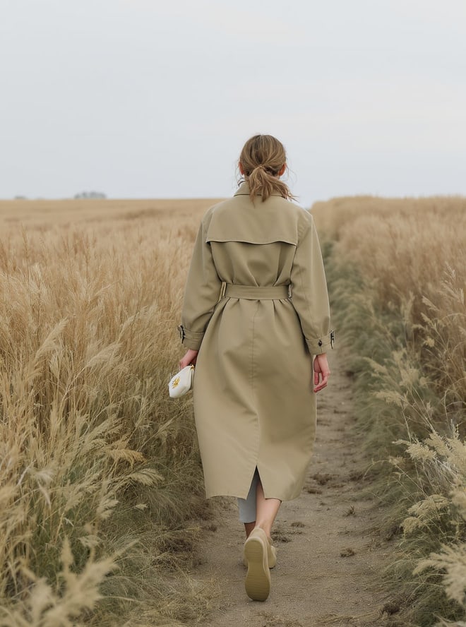 Editorial: a model in a sand trench walking a field path, a small pouch in hand.
