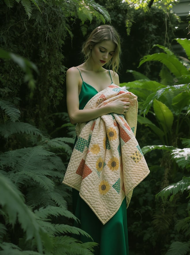 Editorial: a model in forest green among conservatory ferns, holding a folded patchwork quilt.