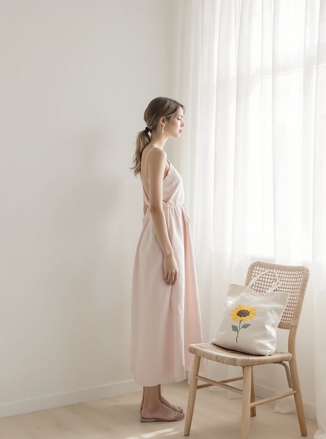 Editorial: a model in blush by a bright window, a canvas tote on a wooden chair.