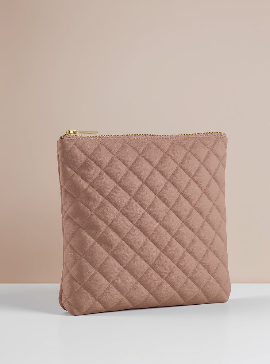 The Clay Flat Pouch on a plain backdrop: quilted clay-tone cotton with a brass zip.