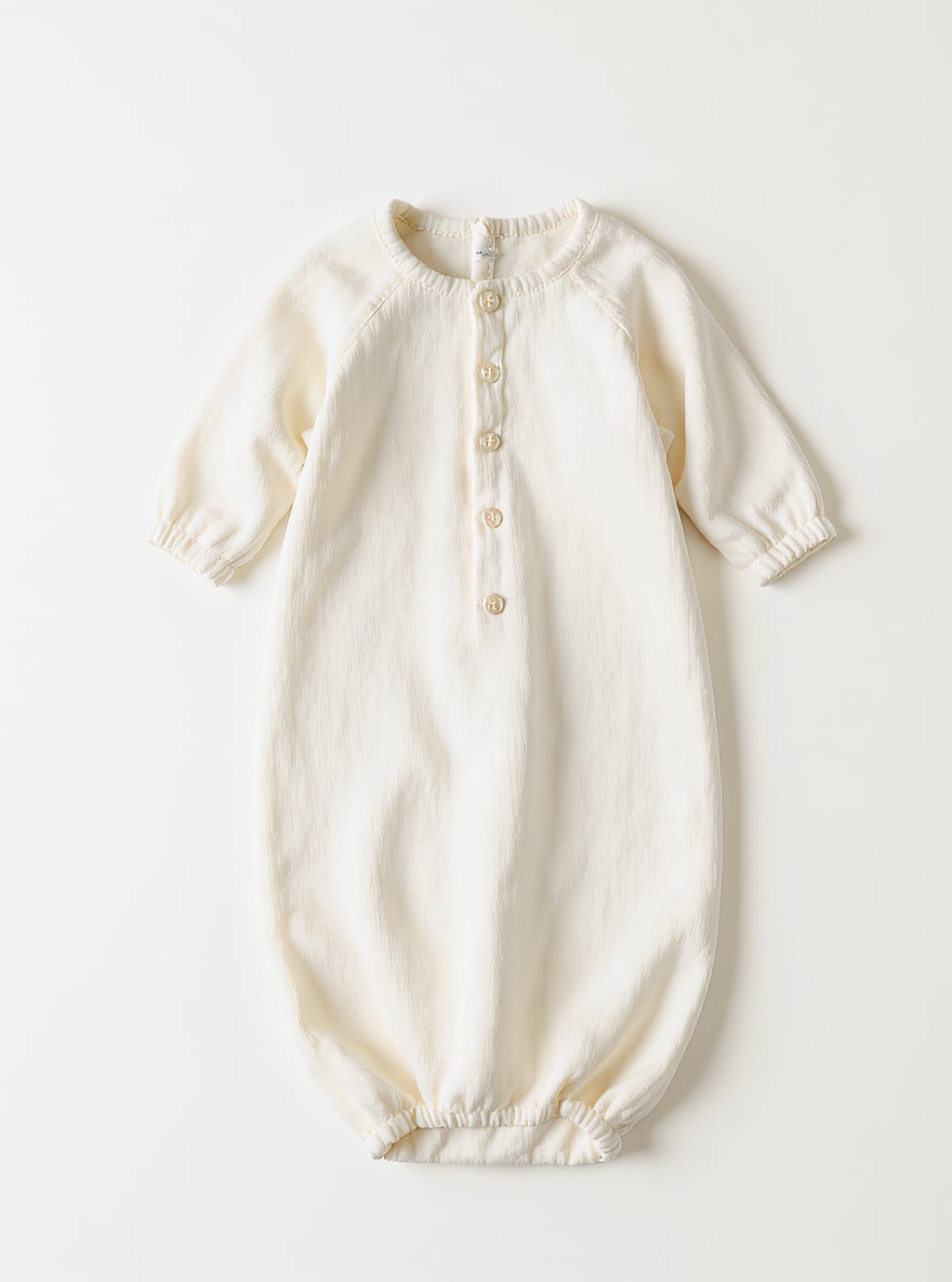 The Cream Cotton Baby Gown laid flat: brushed organic cotton with a hand-stitched yoke and pearl buttons.