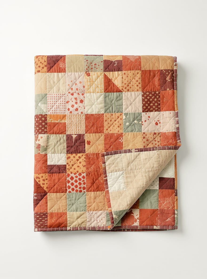 The Field Patchwork Quilt folded and photographed from above: sage, rust and oat patchwork, hand quilted.
