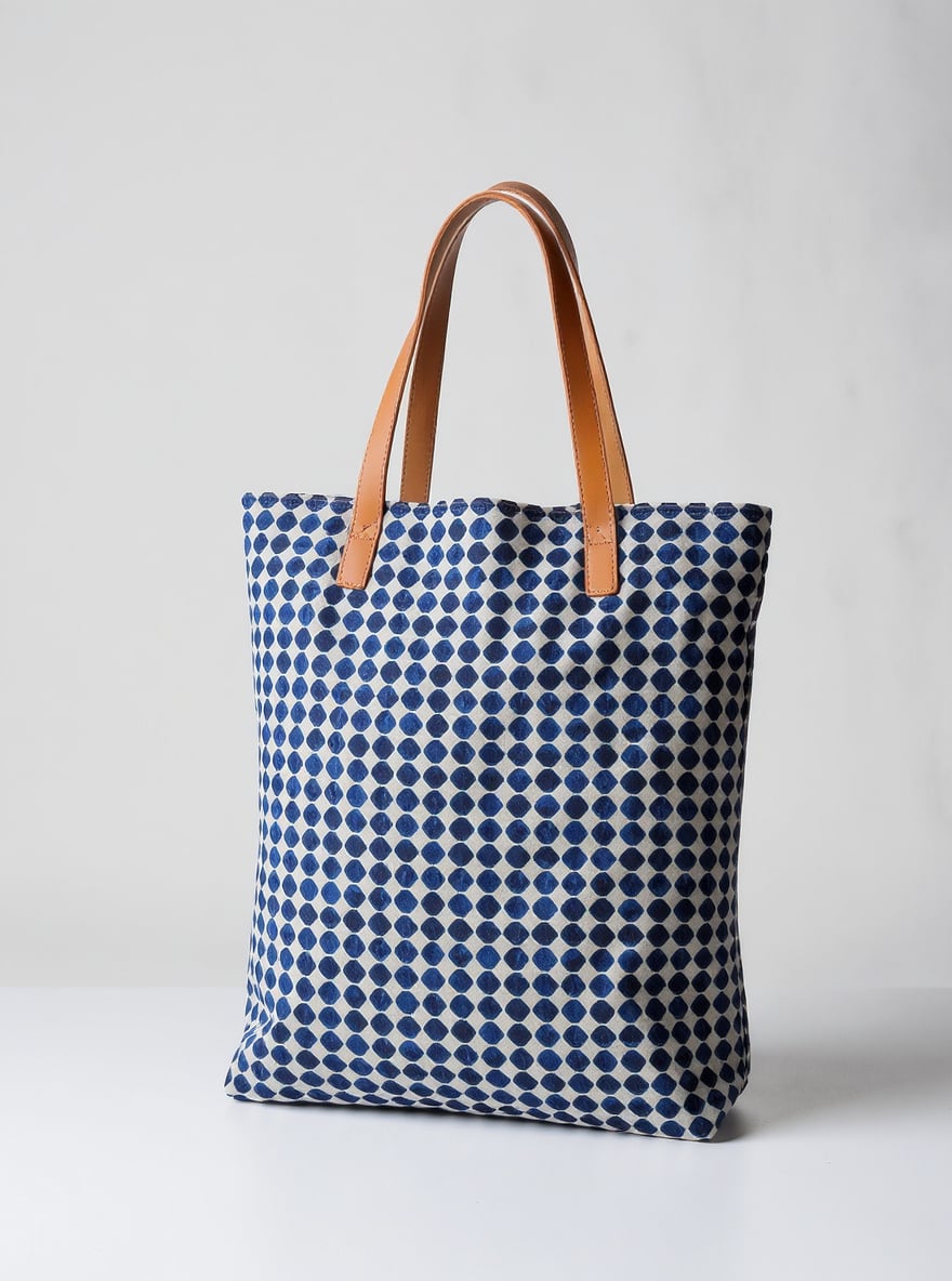 The Indigo Dot Tote standing upright: heavy linen block printed with indigo dots, amber leather handles.