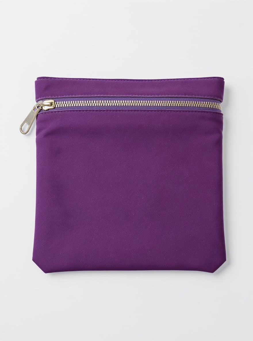 The Iris Pouch on a plain backdrop: heavy iris-purple cotton with a brass zip.