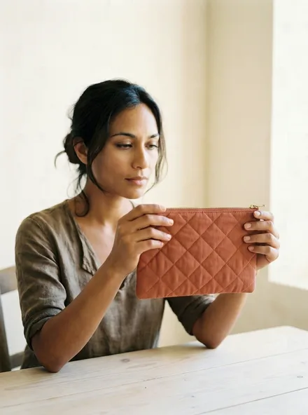 The Clay Flat Pouch on a plain backdrop: quilted clay-tone cotton with a brass zip.
