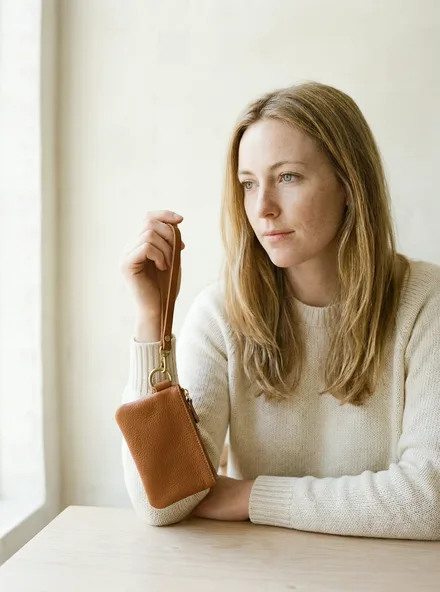 The Cognac Key Wristlet on a plain backdrop: pebbled cognac leather with a brass D-ring and looped wrist strap.