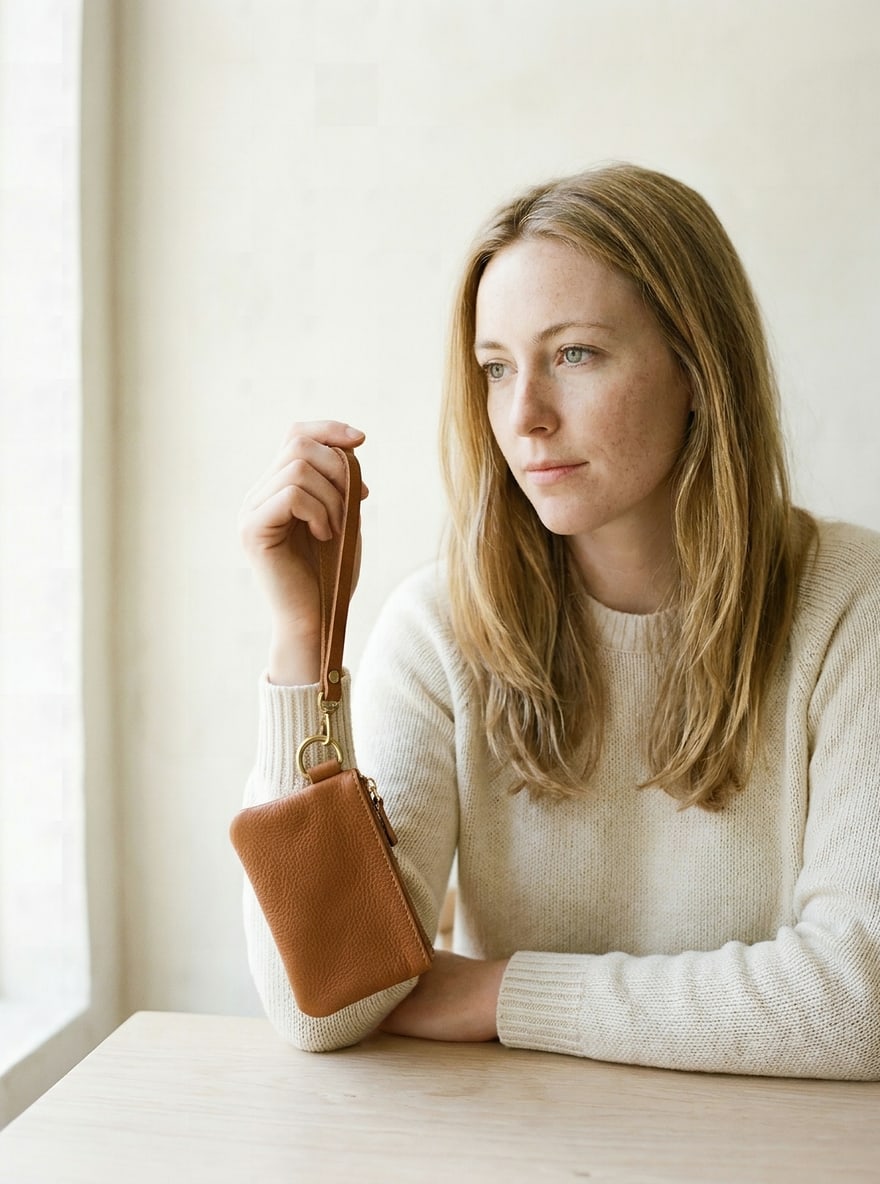 The Cognac Key Wristlet on a plain backdrop: pebbled cognac leather with a brass D-ring and looped wrist strap.