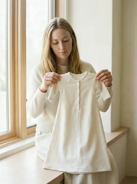 The Cream Cotton Baby Gown laid flat: brushed organic cotton with a hand-stitched yoke and pearl buttons.