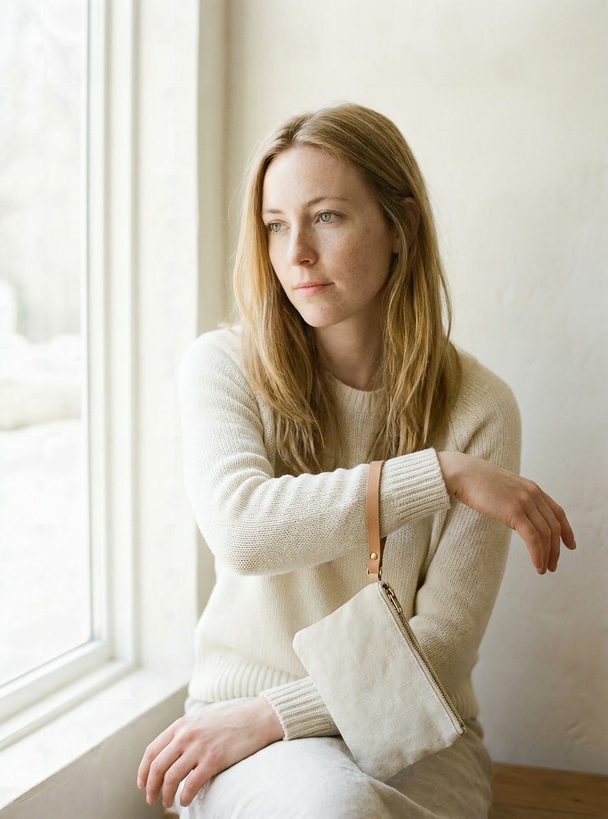 The Cream Strap Wristlet on a plain backdrop: natural linen with a slim leather wrist strap.