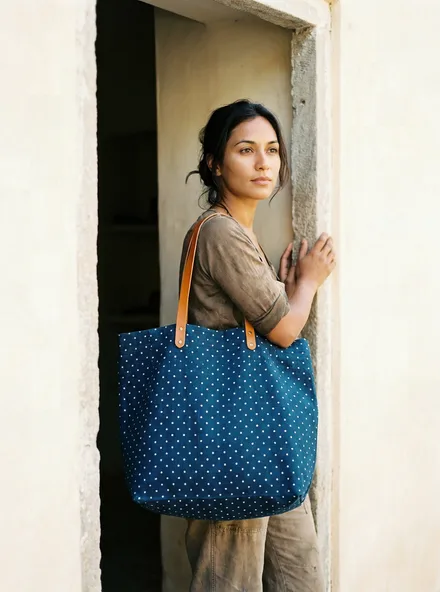 The Indigo Dot Tote standing upright: heavy linen block printed with indigo dots, amber leather handles.