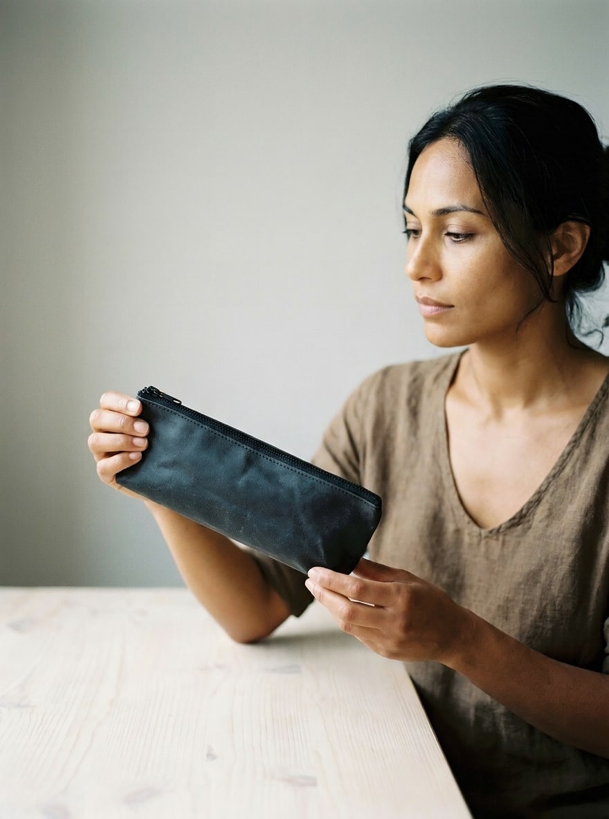 The Ink Pencil Pouch on a plain backdrop: slim ink-black coated cotton with a flat base and matte zip.