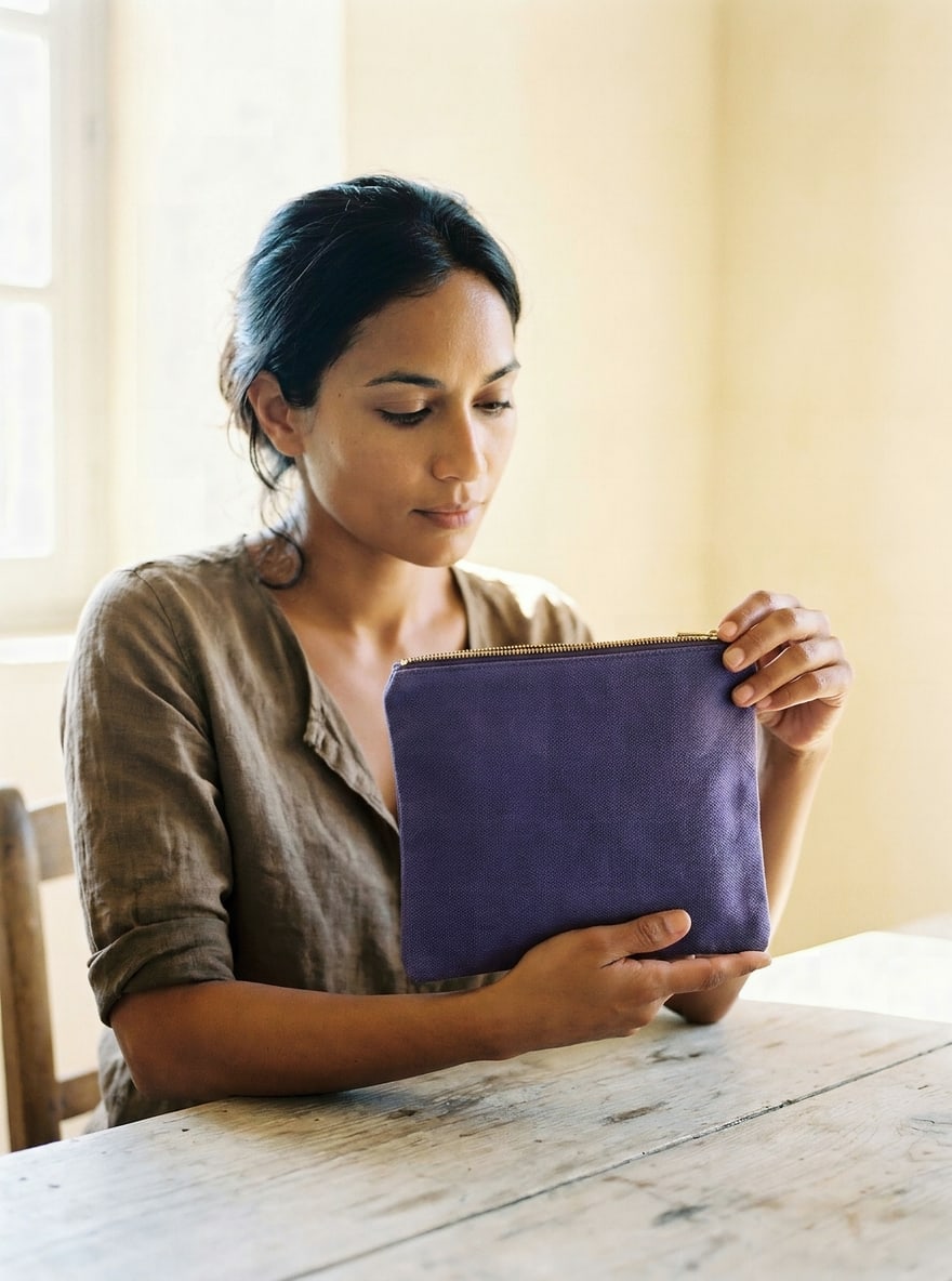 The Iris Pouch on a plain backdrop: heavy iris-purple cotton with a brass zip.