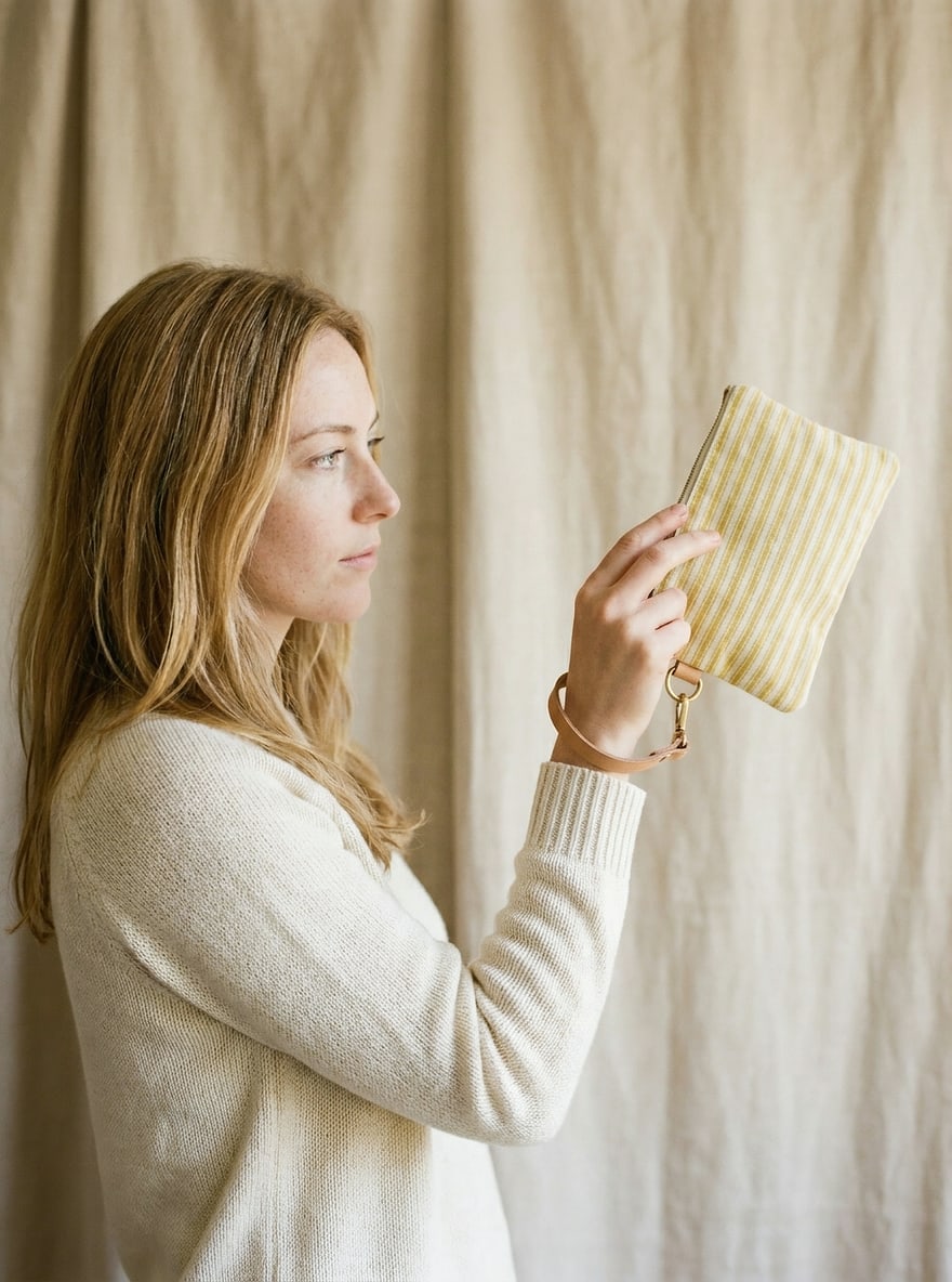 The Lemon Wristlet on a plain backdrop: yellow ticking-stripe cotton with a brass D-ring and leather wrist strap.