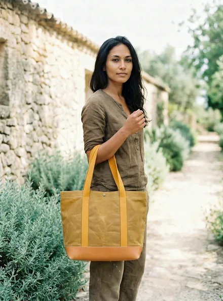 The Marigold Field Tote standing upright: waxed marigold canvas with a tan leather base and webbing straps.