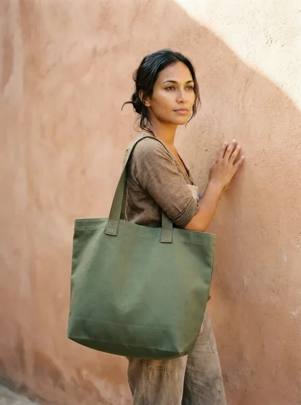 The Olive Everyday Tote standing upright: olive cotton canvas with self-fabric handles.
