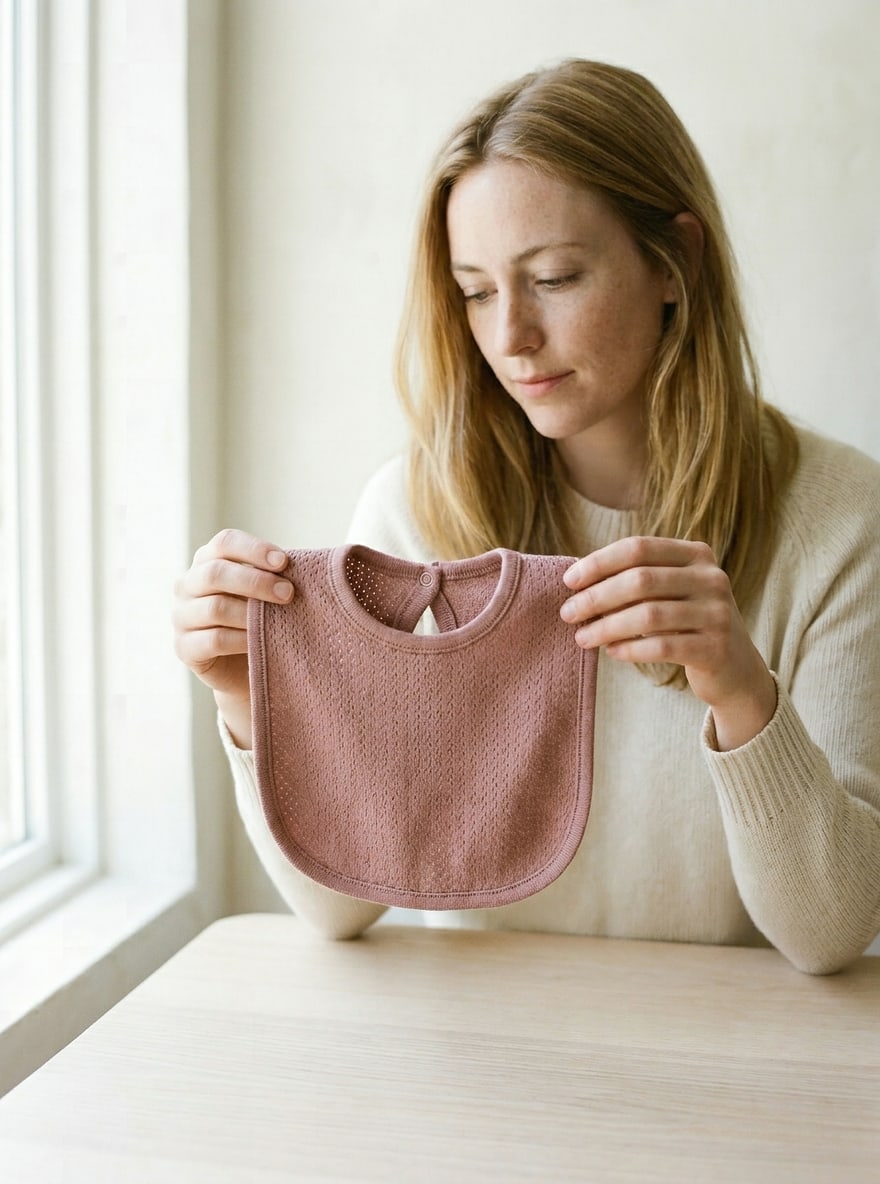 The Rose Pointelle Bib laid flat: pointelle knit cotton with a snap close.