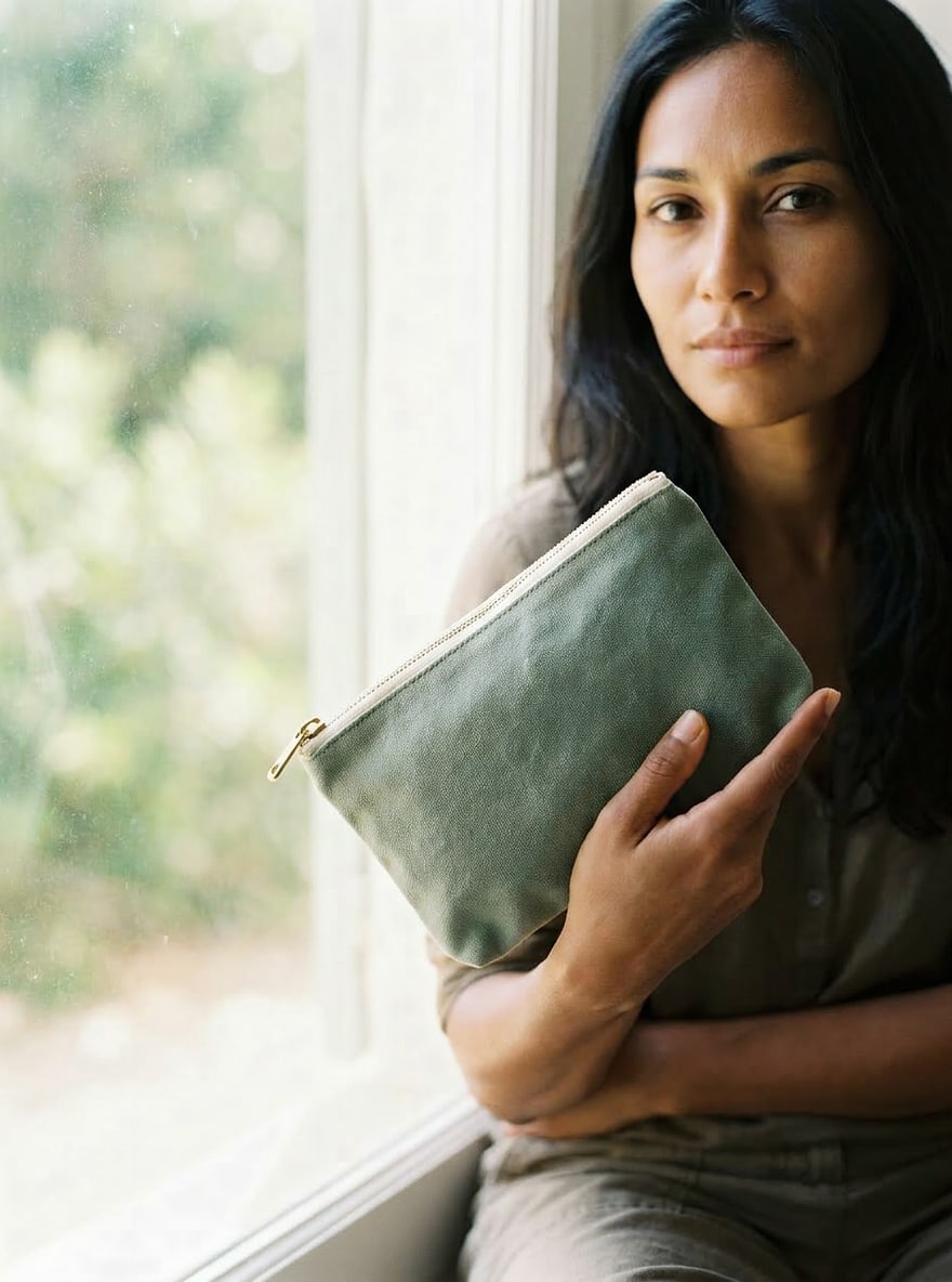 The Sage Zip Pouch on a plain backdrop: washed sage canvas with a contrast cream zip.