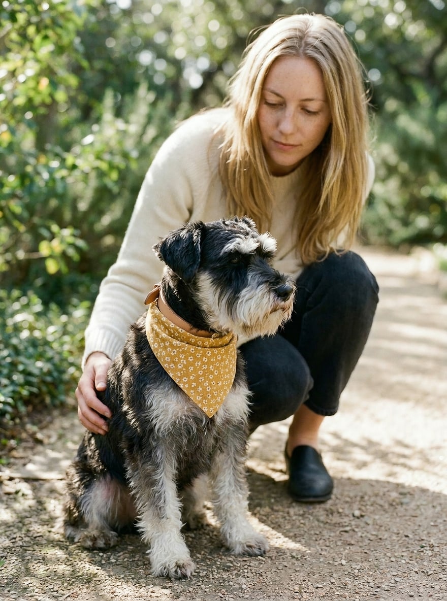 The Sunny Day Dog Bandana folded flat: yellow washed cotton with a ditsy floral print.