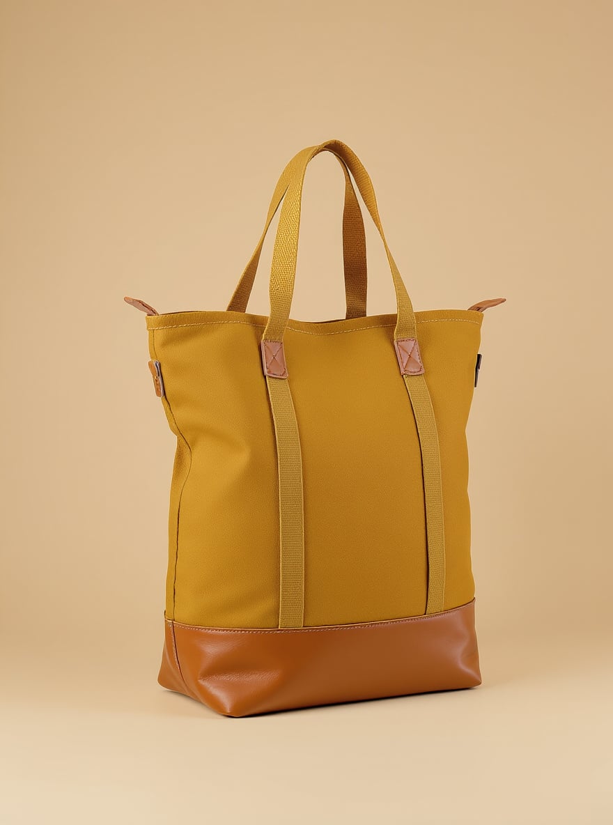 The Marigold Field Tote standing upright: waxed marigold canvas with a tan leather base and webbing straps.