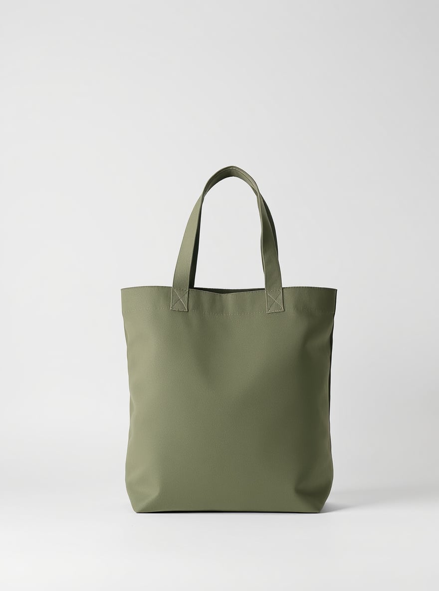 The Olive Everyday Tote standing upright: olive cotton canvas with self-fabric handles.