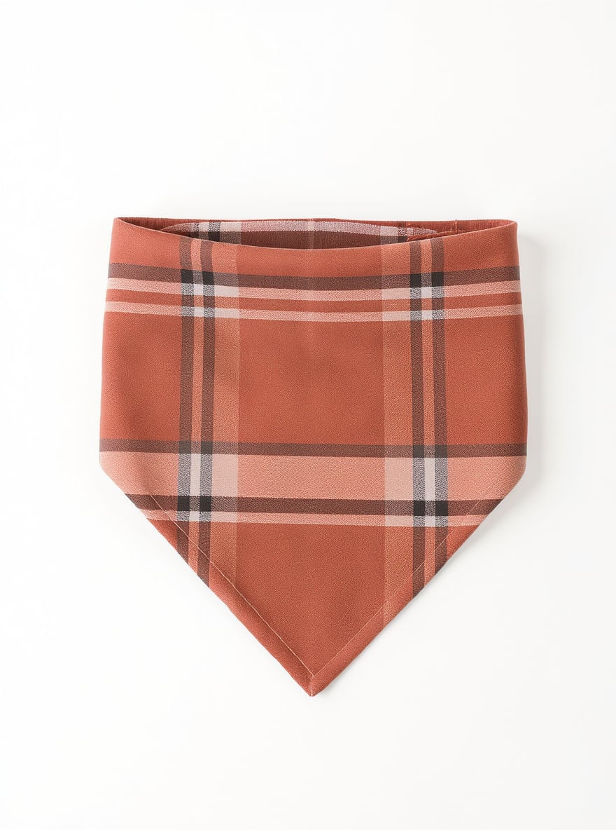 The Rust Plaid Bandana folded flat: rust plaid cotton with a slide-on collar casing.