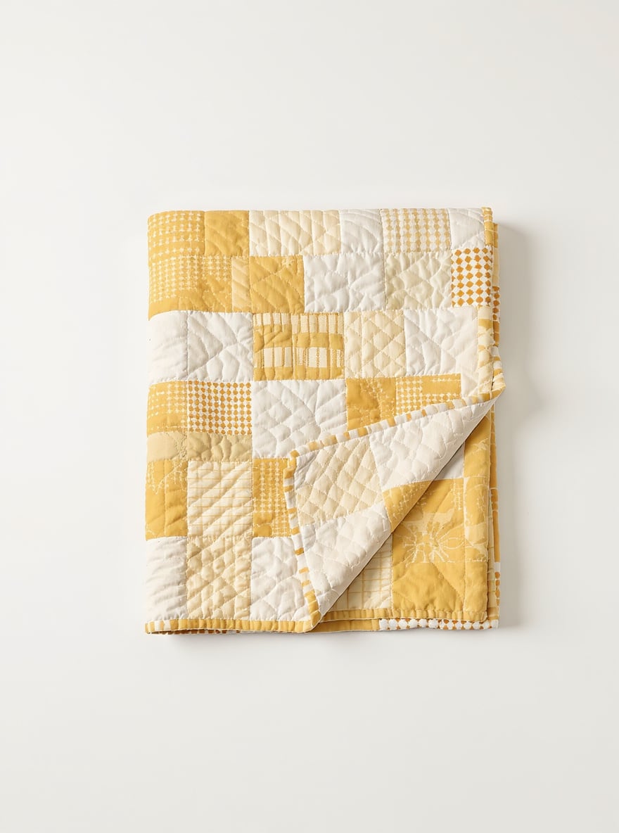 The Sun Quilt folded and photographed from above: sunflower and bone-linen patchwork, hand quilted.