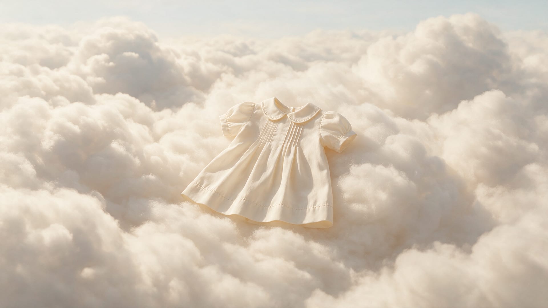 Cream cotton baby dress with a rounded collar, pintucked front, and puff sleeves, cradled by a sunlit cloud bank.