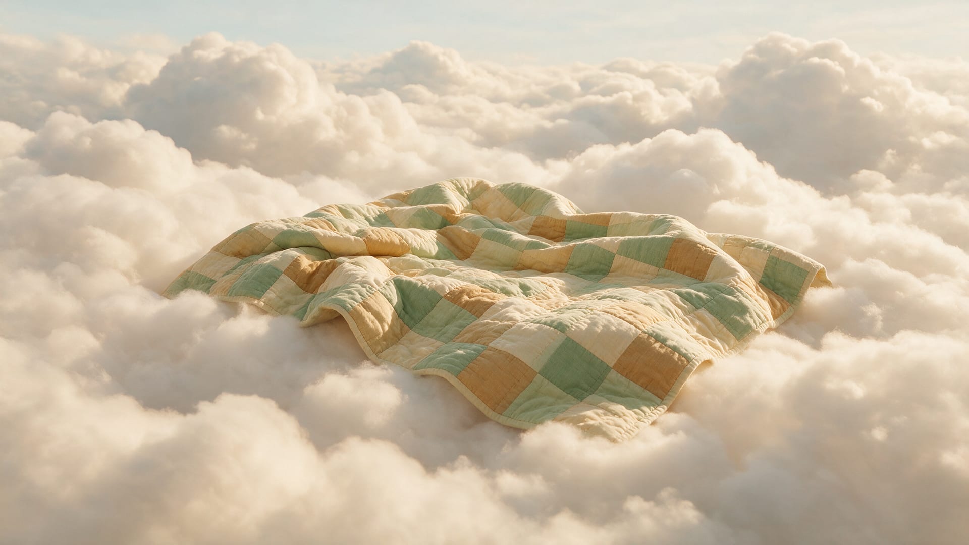 Sage, ochre and cream patchwork quilt draped across a bank of sunlit clouds, quilting stitches visible in the folds.