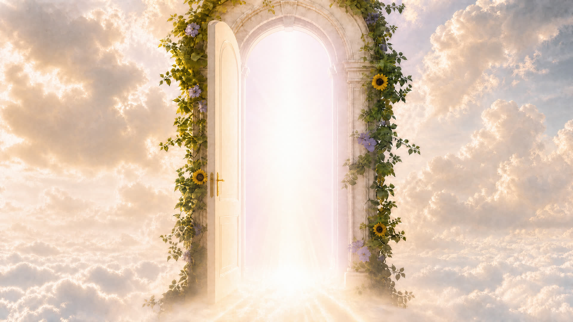 The doorway stands open, warm pearl light flooding out across the clouds